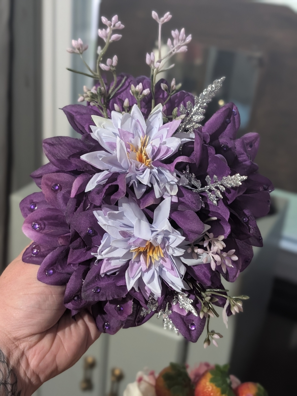 Handmade Purple And Silver Sparkly ✨ Hair Flower Clip